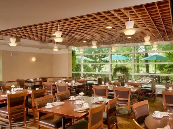 A bright restaurant dining area with wooden tables and chairs, white plates and cups set, large windows, and green outdoor umbrellas outside.