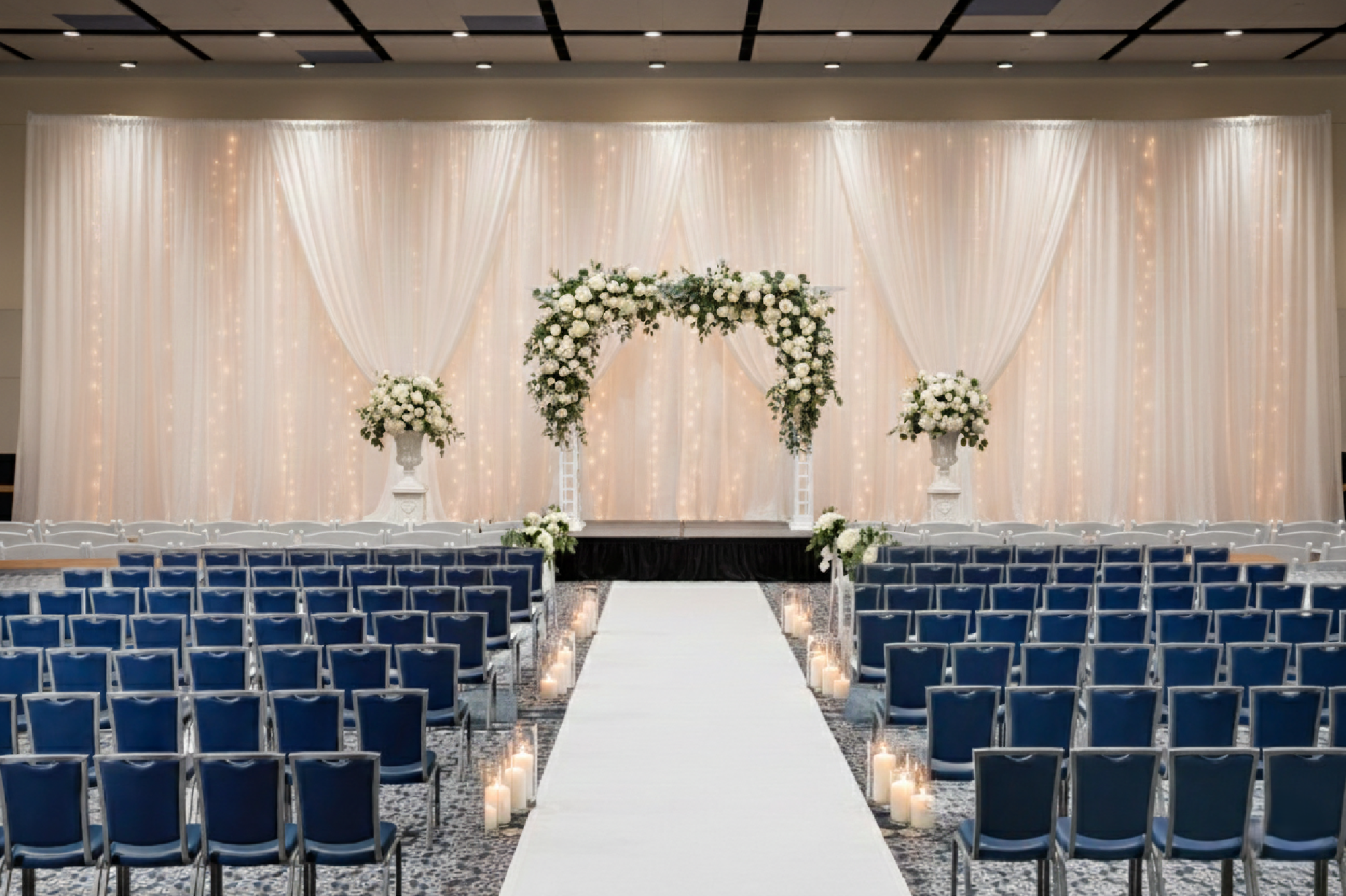 A wedding ceremony setup with a white aisle runner, flower arch, and floral pillars flanked by rows of blue chairs under a softly lit draped backdrop.